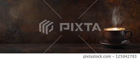Steaming hot cup of coffee with latte art on dark rustic background, copy space 125842783