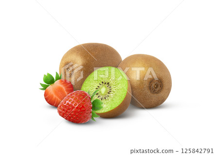 Kiwi fruit and a half of kiwi with strawberry isolated on white. Mixed fruits. Kiwi fruit and a half of kiwi with strawberry isolated on white. Mixed fruits. 125842791