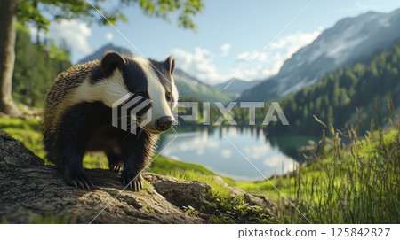 European badger in green mountain forest near clear lake on summer morning, copy space 125842827