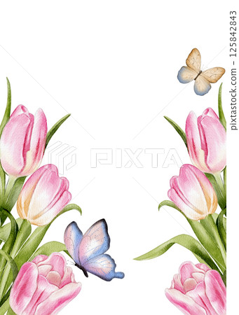 Watercolor floral frame with pink tulips Watercolor floral frame with pink tulips 125842843