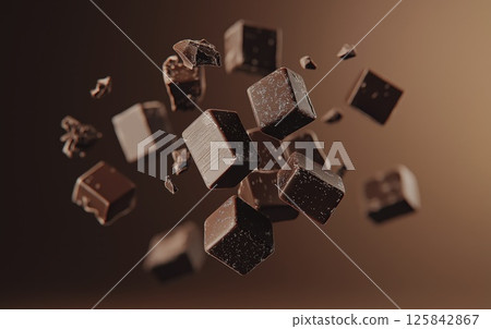 Falling broken chocolate bar pieces, background with copy space Falling broken chocolate bar pieces, background with copy space 125842867