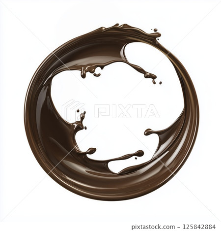 Chocolate splash swirl in round shape isolated on white background with clipping path 125842884