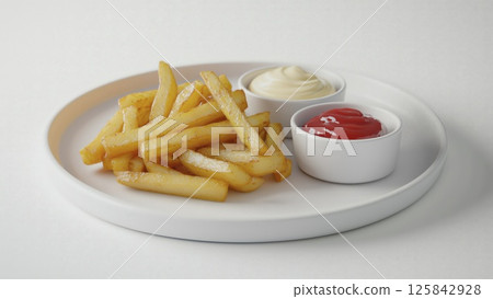 French fries with ketchup and mayo on white plate isolated on white background, copy space French fries with ketchup and mayo on white plate isolated on white background, copy space 125842928