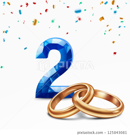 Blue number 2 and golden wedding rings. 125843081