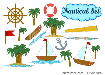 Nautical set with sailboats, boats, anchor, lifebuoy, ship wheel, spyglass, sea waves, coconut palms, and red flag on a white background. For summertime, marine, vacations, tropical, or outdoor design 125843096