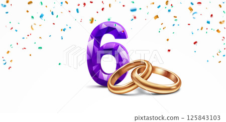 Purple number 6 and golden wedding rings. 125843103