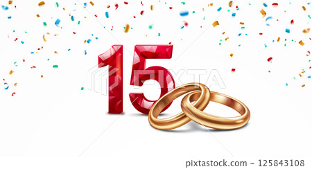 Red number 15 and golden wedding rings. Red number 15 and golden wedding rings. 125843108