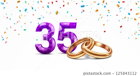 Purple number 35 and golden wedding rings. Purple number 35 and golden wedding rings. 125843112