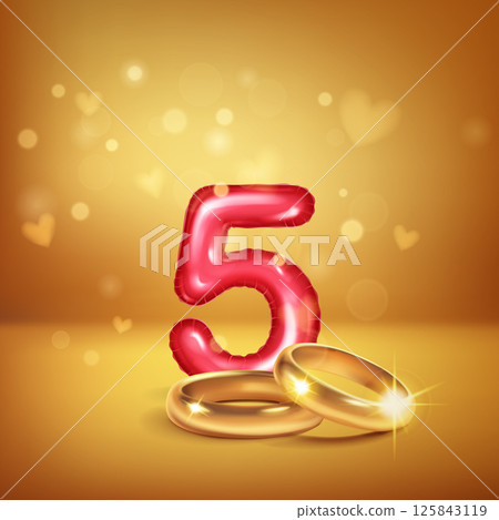 Red number 5 and gold wedding rings. Red number 5 and gold wedding rings. 125843119