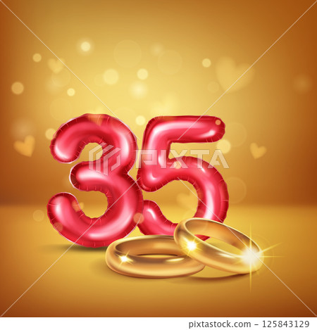 Red number 35 and gold wedding rings. Red number 35 and gold wedding rings. 125843129