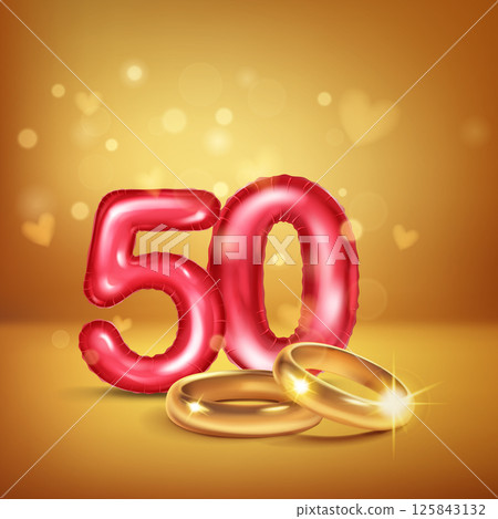 Red number 50 and gold wedding rings. Red number 50 and gold wedding rings. 125843132