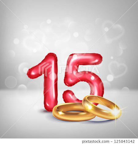 Red number 15 and gold wedding rings. Red number 15 and gold wedding rings. 125843142