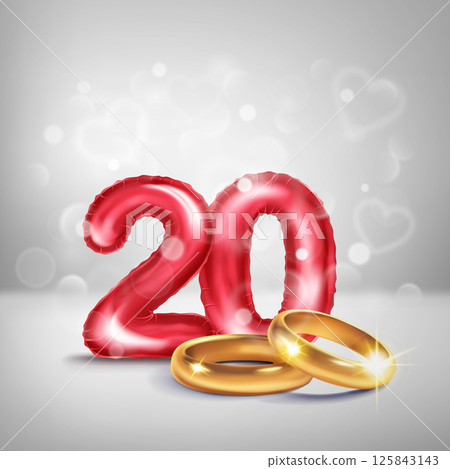 Red number 20 and gold wedding rings. Red number 20 and gold wedding rings. 125843143