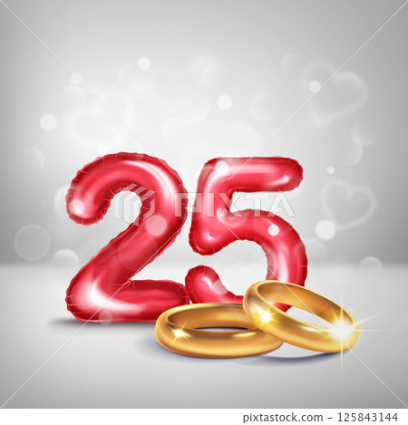 Red number 25 and gold wedding rings. 125843144