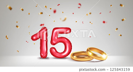 Red number 15, gold wedding rings and confetti. Red number 15, gold wedding rings and confetti. 125843159