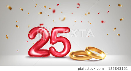 Red number 25, gold wedding rings and confetti. 125843161