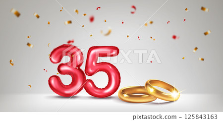 Red number 35, gold wedding rings and confetti. Red number 35, gold wedding rings and confetti. 125843163