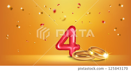 Red number 4, gold wedding rings and confetti. 125843170