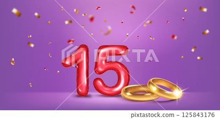 Red number 15, gold wedding rings and confetti. 125843176