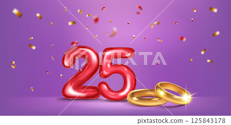 Red number 25, gold wedding rings and confetti. 125843178