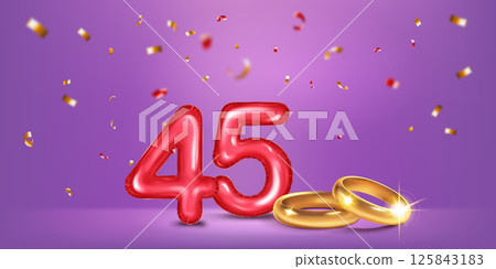 Red number 45, gold wedding rings and confetti. Red number 45, gold wedding rings and confetti. 125843183