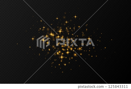 Golden sparkling stars, shiny particles light effect, transparent flying stardust texture 125843311