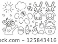 Line-art Easter clipart set featuring rabbits, eggs, chicks, flowers, and seasonal elements. Black-and-white outline vector set for coloring pages, prints, and digital designs 125843416