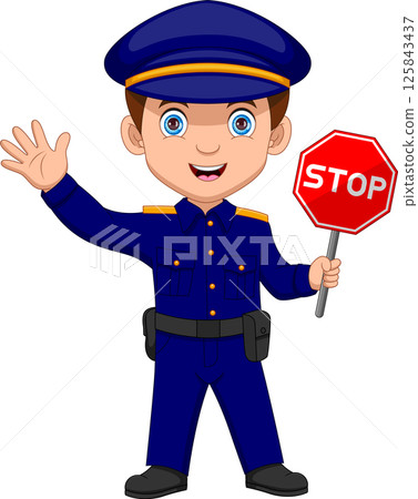 Boy in a police costume and holding a stop sign Boy in a police costume and holding a stop sign 125843437