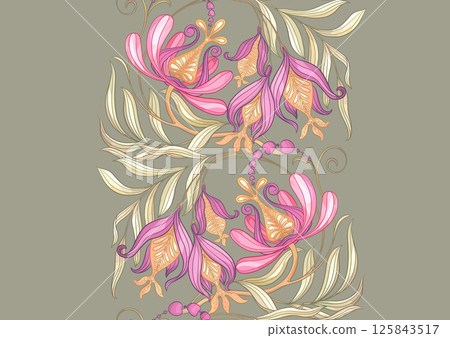 Fantasy flowers in retro, vintage, jacobean embroidery style 125843517