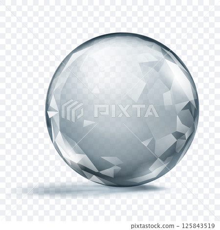 Gray crystal sphere with faceted surface. 125843519