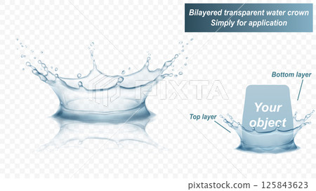 Water crown with two layers. Splash of water with reflection. Water crown with two layers. Splash of water with reflection. 125843623