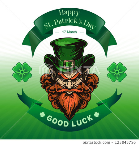 St. Patrick's Day illustration of a leprechaun wearing a green hat with a thick red beard St. Patrick's Day illustration of a leprechaun wearing a green hat with a thick red beard 125843756
