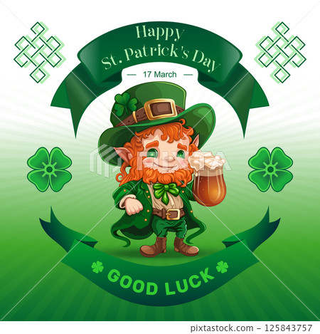 Illustration for St. Patrick's Day with a cute little leprechaun with a red beard and a mug of beer 125843757