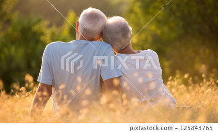 Elderly Couple Enjoying a Peaceful Moment in a Sunlit Field During a Warm Evening 125843765