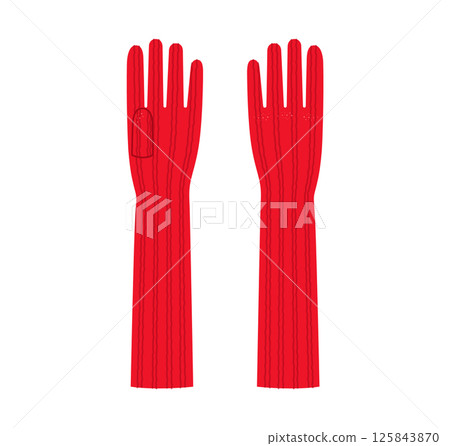 Knit Wool Gloves Elbow length red cartoon Fashion hand accessory clothing technical illustration garment. Vector front 125843870