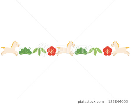 Illustration of a horse and pine, bamboo and plum arranged for the Year of the Horse 125844003