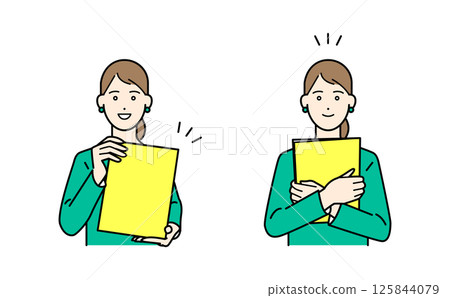 簡單的上身向量插圖集，一個女人穿著西裝，手裡拿著活頁夾 125844079