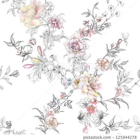 Charming Hand Rendered Scrollwork and Flower Graphics 125844278