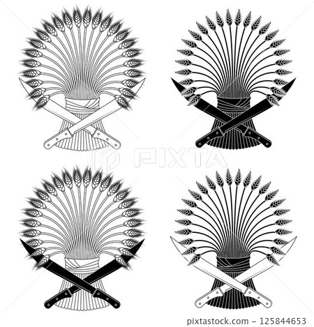Wheat sheaf with machetes harvest symbol 125844653