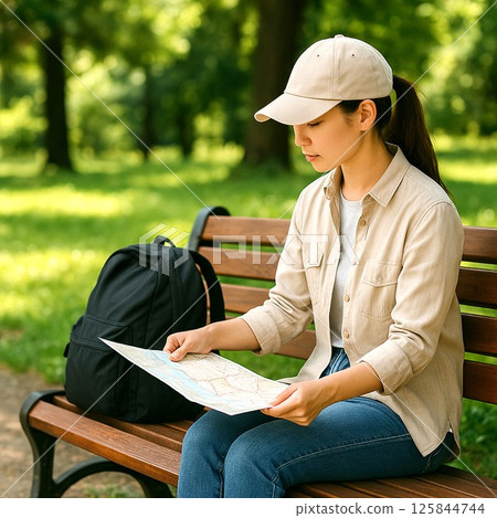 A woman traveling alone in a cap - A quiet moment spreading out a map on a park bench 125844744