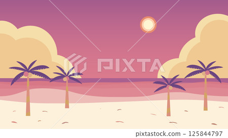 Simple and cute illustration of a beach at dusk (palm trees, sand, sea) 125844797