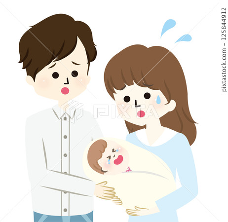 一對夫婦抱著一個哭泣的嬰兒 125844912