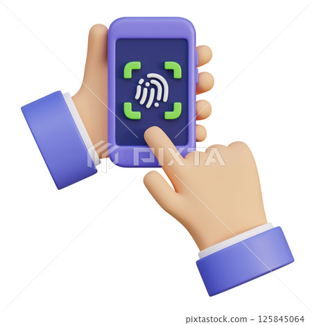 Hand holding a fingerprint recognition phone 3D graphic 125845064