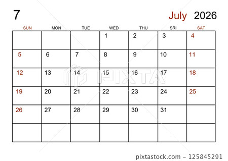 Blank white calendar page for July 2026 year for your appointment. Blank white calendar page for July 2026 year for your appointment. 125845291