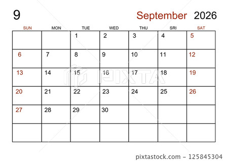 Blank white calendar page for September 2026 year for your appointment. 125845304