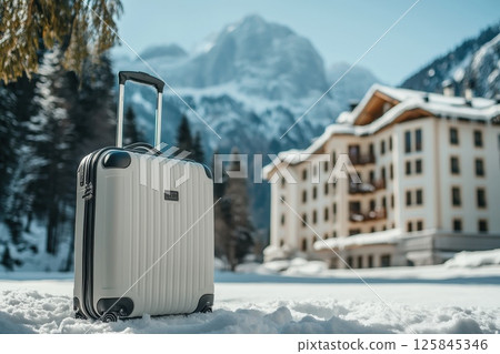 Modern Travel Suitcase in a Snowy Landscape with a Stylish Mountain Lodge in the Background, Evoking Adventure and Winter Getaways 125845346