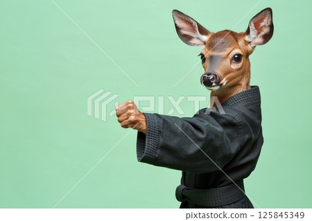 Unique and Whimsical Martial Artist with Deer Head Mask Posing in Traditional Karate Gi Against a Bright Green Background Unique and Whimsical Martial Artist with Deer Head Mask Posing in Traditional Karate Gi Against a Bright Green Background 125845349