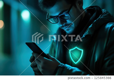 Man with Glasses and Smartphone in Neon Lighted Urban Environment 125845366