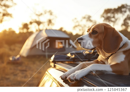 Relaxing Beagle Dog at Sunset Near Camping Tent in Nature Relaxing Beagle Dog at Sunset Near Camping Tent in Nature 125845367