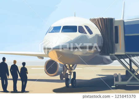 Family Excited to Board Airplane at Airport with Jet Bridge in Background Family Excited to Board Airplane at Airport with Jet Bridge in Background 125845370